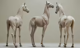 three statues of three different horses in a studio shot