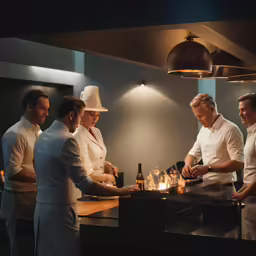 four chefs and one waiter are in the kitchen