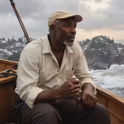 a man sitting in the back of a boat on the beach