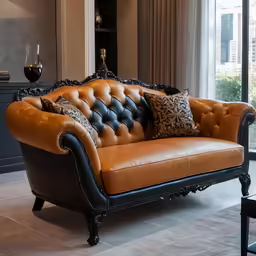 a brown and black leather couch in a room with a table