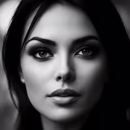 a woman in black with long eyelashes and red lipstick