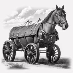a horse drawn carriage standing in a grassy field