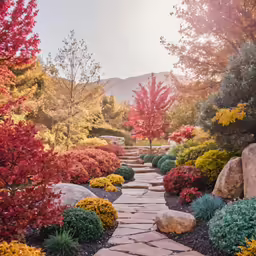 a stone path in the middle of a garden
