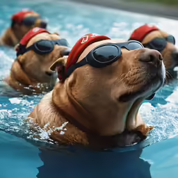 a pair of large brown dogs wearing goggles and caps in water