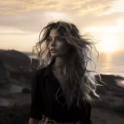 there is a woman that has a long hair,an image of a woman with her hair blowing