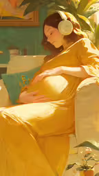 a pregnant woman sleeping with headphones on and yellow dress on, seated in a white couch,a woman wearing ear buds, yellow dress, and headphones sitting on a couch
