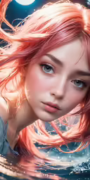 a young woman floating through the air with orange hair