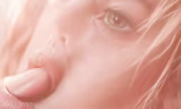 a close up of a woman sucking her nose