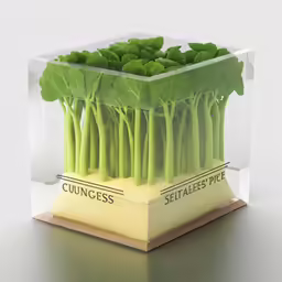 a transparent cube with leafy vegetables growing inside