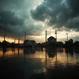 several street lamps stand in the middle of a flooded area