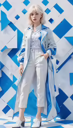a blonde female model posing in front of a wall with geometric blue shapes