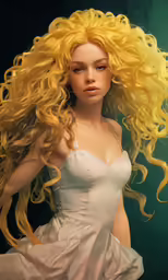 an altered photograph of a woman with long yellow hair