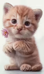 small kitten with large paws and purple flower