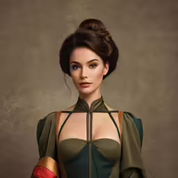 a woman posing in her green dress and red gloves