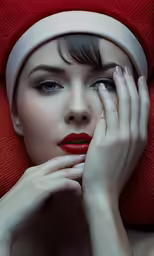 a woman with red lipstick wearing a red beret