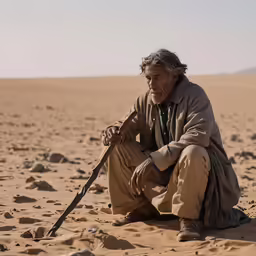 a man holding a stick is crouched on the ground
