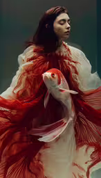 a woman in white and red gown holding a goldfish,a beautiful woman with flowing red dress holding two fish