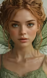a beautiful redhead with blue eyes in an angel costume