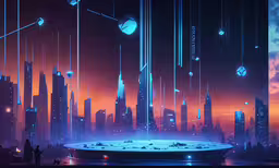 some strange cityscapes with a sky background,the futuristic city scene is shown as if it are flying in the sky