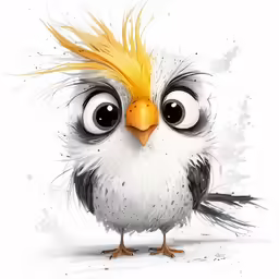 a small bird with big eyes sitting on top of a white surface