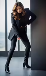 a woman leaning on the wall in high heels