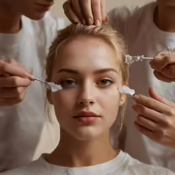 a girl getting her make - up done by someone