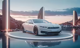 the white, sporty car is set on a reflective surface with some mountains and sunset in the background