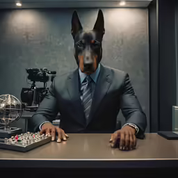a man is sitting at a desk with a dog head