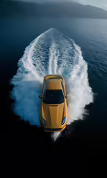 the car is driving on the water behind the boat