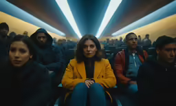 a group of people sitting in a room, all wearing yellow jackets
