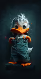 there is a large stuffed duck in overalls