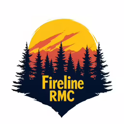 a sunset that is lit with the words fireline rmc in yellow, green and black