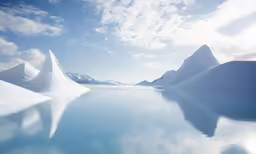 snow is scattered around ice in a shallow water pool