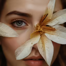 a woman with her face painted white has large white flowers on her eye