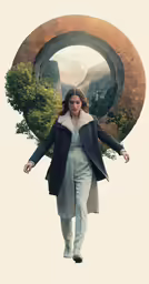a woman is walking through an outdoor area, with trees and mountains in the background