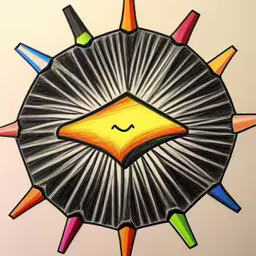 a drawing of an abstract piece of art,a drawing of a sun with many colored objects