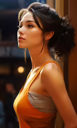 a woman wearing a short orange dress is standing next to a doorway