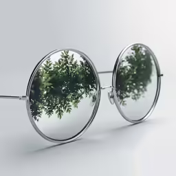 a mirror with the reflection of trees in it