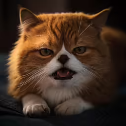 a cat that has its mouth open and is laying down