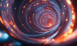 looking up at the spiral shaped material with red and blue lights