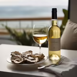 the bottle is beside the wine glass and oysters