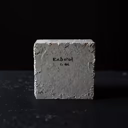 small concrete block with words written in black on it