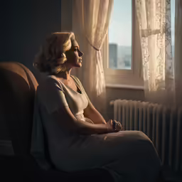a woman in white sitting on a chair near a window