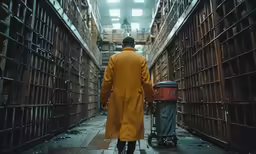 a man in a yellow coat is pulling a cart down a narrow alleyway