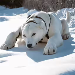 the dog is playing with the snow