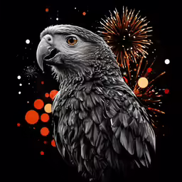 a black and silver bird with red dots around it