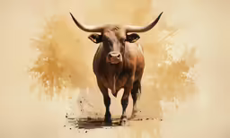 an animal with huge horns standing in a dusty area