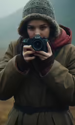 a person holding a camera taking pictures in the snow