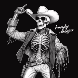 a skeleton wearing a cowboy hat holding a gun