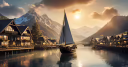 a boat floating in the water near some houses